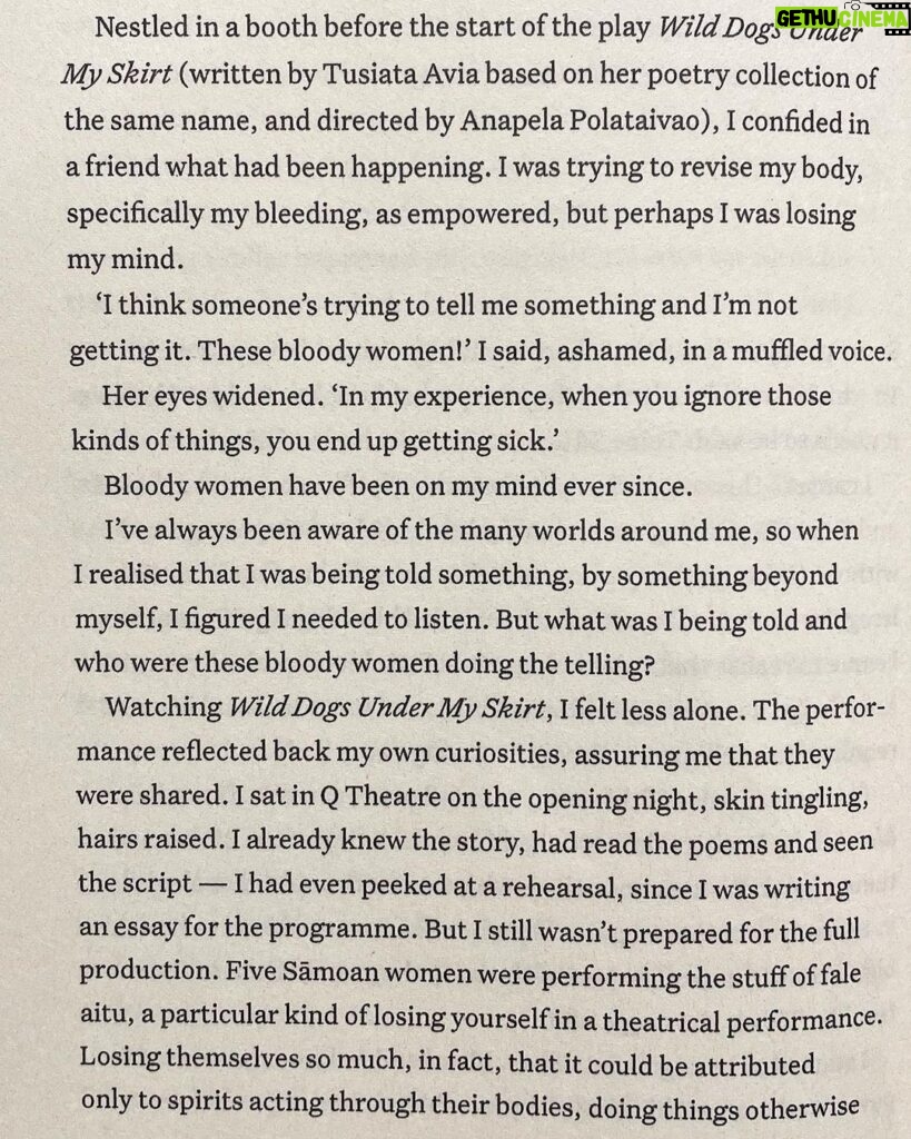 Stacey Leilua Instagram - So deeply engrossed in #BloodyWoman already @lanalopesi_ and then to come across this passage about #WildDogsUnderMySkirt just made me feel it all again. The impact of this show and the way it continues to connect us all is so beautiful, can’t wait to do it all again ❤🐕🌺 CC: @anapelapolataivao another #BloodyGenius #BloodyWoman #LanaLopesi #TusiataAvia @bwb_books 📚