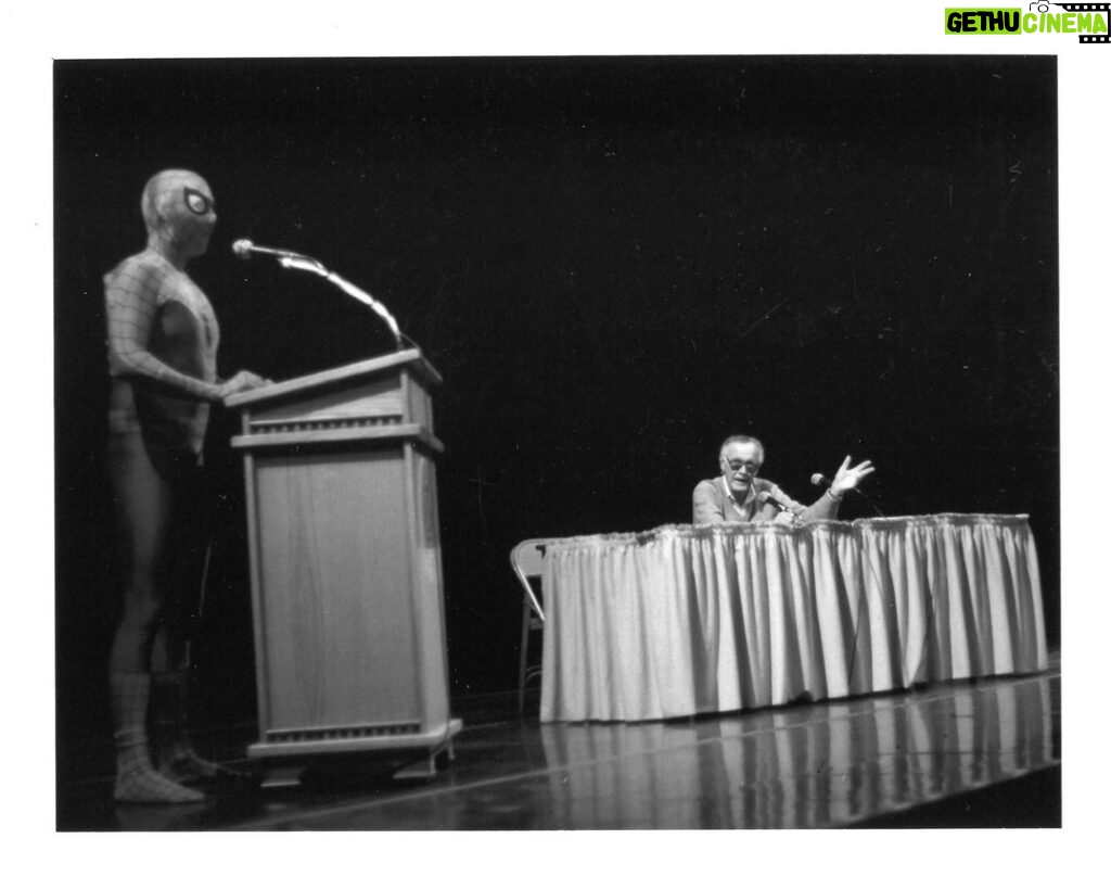 Stan Lee Instagram - Stan. Spidey. Center stage. 🤩 What a super symposium this must have been at the University of Wyoming in the early 1990s! What do you think the topic of conversation was? Tap the poll to vote on some of our frivolous thoughts! (Photo from the @ahcwyo) #StanLee #SpiderMan #WaybackWednesday