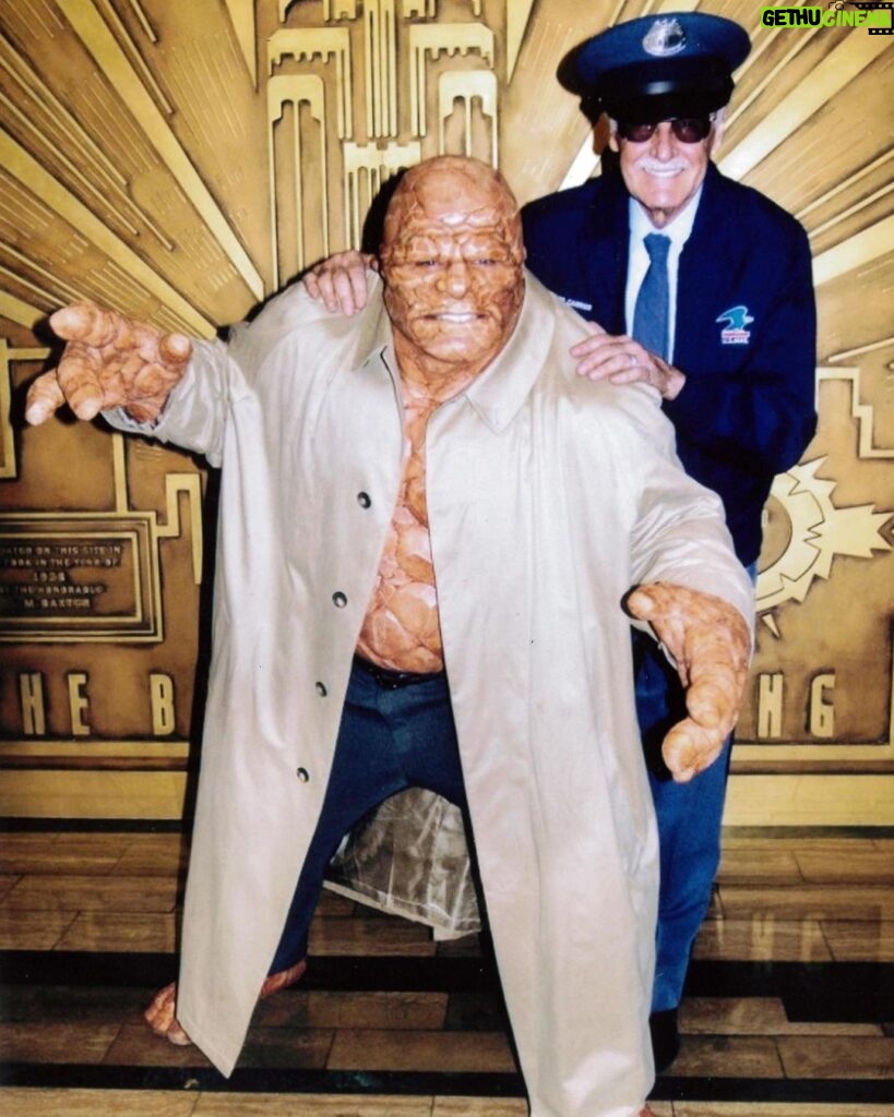 Stan Lee Instagram - Fantastic Four #FlashbackFriday! The Thing (Michael Chiklis) taking a break from clobberin’ time to snap a photo with Willie Lumpkin (Stan The Man) on set of the 2005 Fantastic Four film. Fun fact: This was Stan’s first Marvel movie cameo playing a character he co-created. #StanLee
