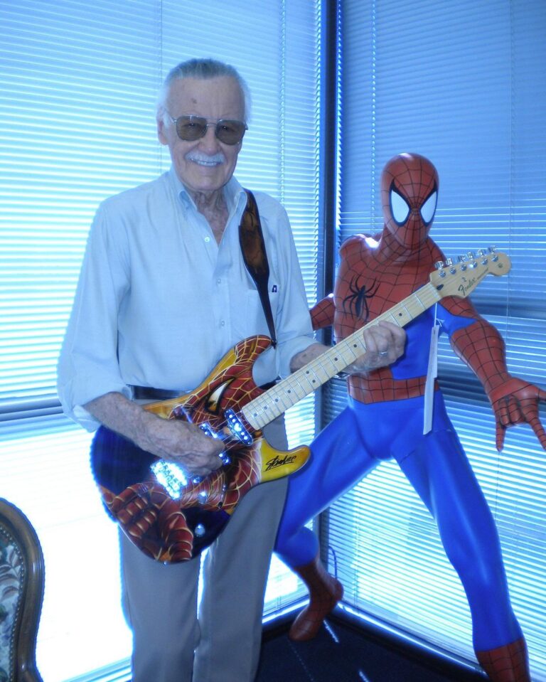 Stan Lee Instagram - Stan Lee: Rock Star 🎸 Stan wasn’t a musician; he just liked to pose with guitars, especially Spidey ones! #StanLee #WaybackWednesday