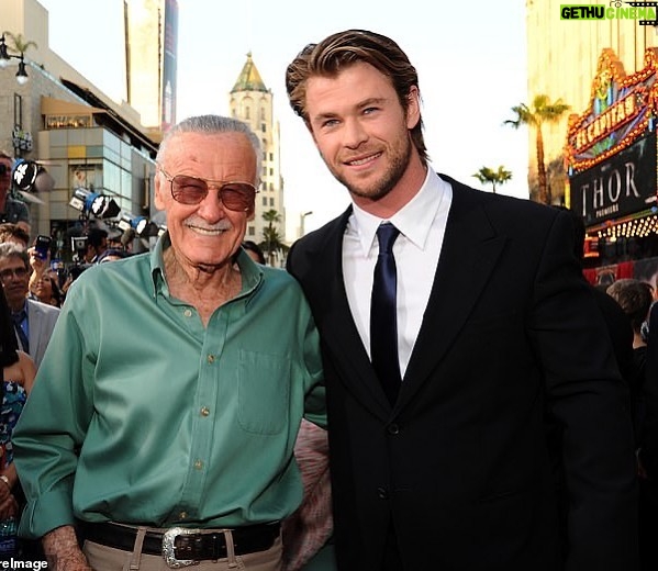 Stan Lee Instagram - #FlashbackFriday to Smilin’ Stan posing with the Mighty Thor himself, Chris Hemsworth, at the premiere of the first Thor movie in 2011. #StanLee