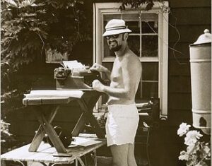 Stan Lee Instagram - Weekend throwback to Stan pioneering the work from home trend decades ago. 😂 When the weather was nice, he could sometimes be found clicking away on a trusty typewriter in his backyard, working on comics and his tan at the same time. 

Swipe to see Stan’s tried and true two-finger typing style, which he retained even after computers became the norm!
#StanLee #WorldTypingDay