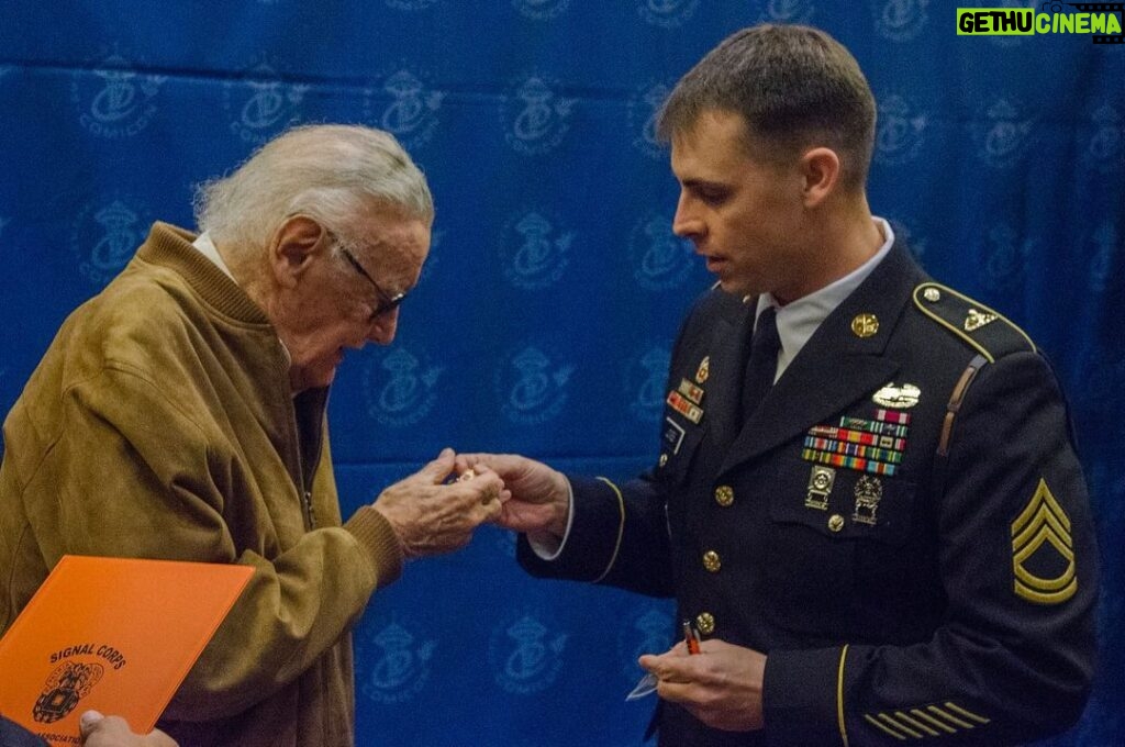 Stan Lee Instagram - Stan was a proud veteran of the US Army, serving in the Signal Corps during WW2. He always graciously talked about his service and supported fellow veterans. To commemorate #VeteransDay, here’s a throwback to 2017 when Stan was inducted into the Signal Corps Regimental Association. He was thrilled to receive such an esteemed honor. #StanLee (Photos from 1-2 Stryker Brigade Combat Team)