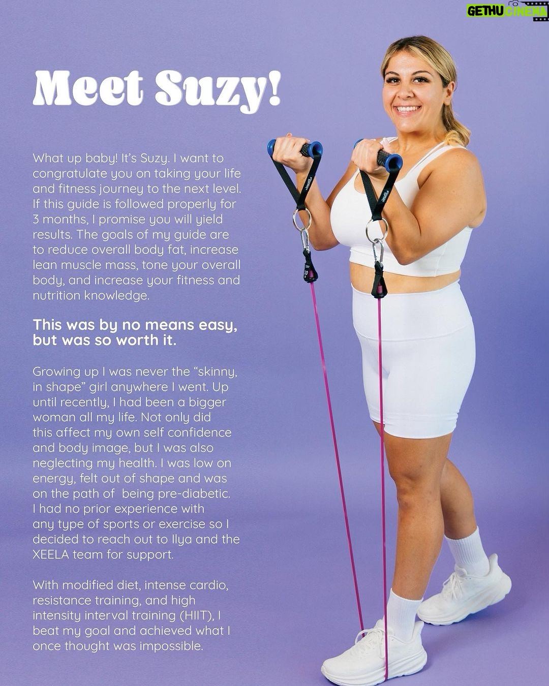 Suzy Antonyan Instagram - With the release of Suzy's documentary, we’re coming out with her 3 month at home Fitness guide by XEELA® this August 15th! 💓 Suzy was able to lose 40 POUNDS with XEELA® and now we are ready to help you accomplish YOUR fitness journey. We will be releasing a complete 3 month at home guide along with the necessary equipment designed to help you lose fat, build muscle, all in the comfort of your own home 💪 Suzy’s 3 MONTH at home Fitness Guide includes: ♡ A full 3 month guide of at home workouts ♡ Recipes ♡ How to train for a marathon ♡ Cardio assistance ♡ Calorie and macro assistance ♡ FAQs ♡ Nutrition Advice ♡ Fitness equipment ♡ & MORE! 🍑 Fitness equipment includes: ♡ Resistance bands ♡ Handles ♡ Jump rope ♡ Hip bands ♡ XEELA® Drawstring Bag Our bundle includes the necessary at home equipment in tandem with the workout guide. We will also be available to help you throughout your 3 month journey with a special discord link attached within the guide and lead by our trainer Xavier! We are so excited to help you accomplish your goals! See you August 15th!