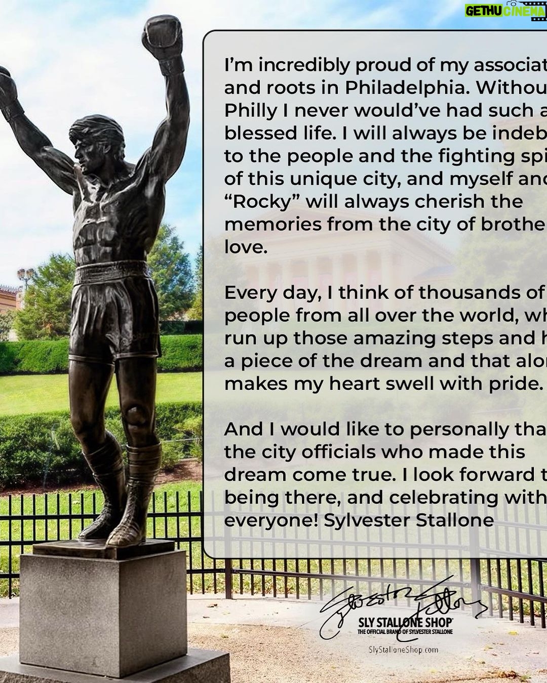 Sylvester Stallone Instagram - Please check out our new shop right at the steps in Philadelphia. I plan to be there soon for the official opening in November! Keep punching! Much of the money made buying this memorabilia will be used to repair the steps says hundreds and hundreds of thousands of people have run up them. I’d like to get them back to the way they were when I first did !