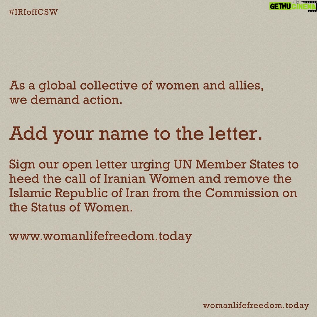Tala Ashe Instagram - We need to remove the Islamic Republic from the UN Commission on the Status for Women (the top women’s rights forum at the UN). I stand in full solidarity with the courageous women and girls of Iran and their allies, who are demanding their basic human rights. Join me in signing this letter today (link in bio) #WomanLifeFreedom #IRIoffCSW @unwomen @un_ecosoc