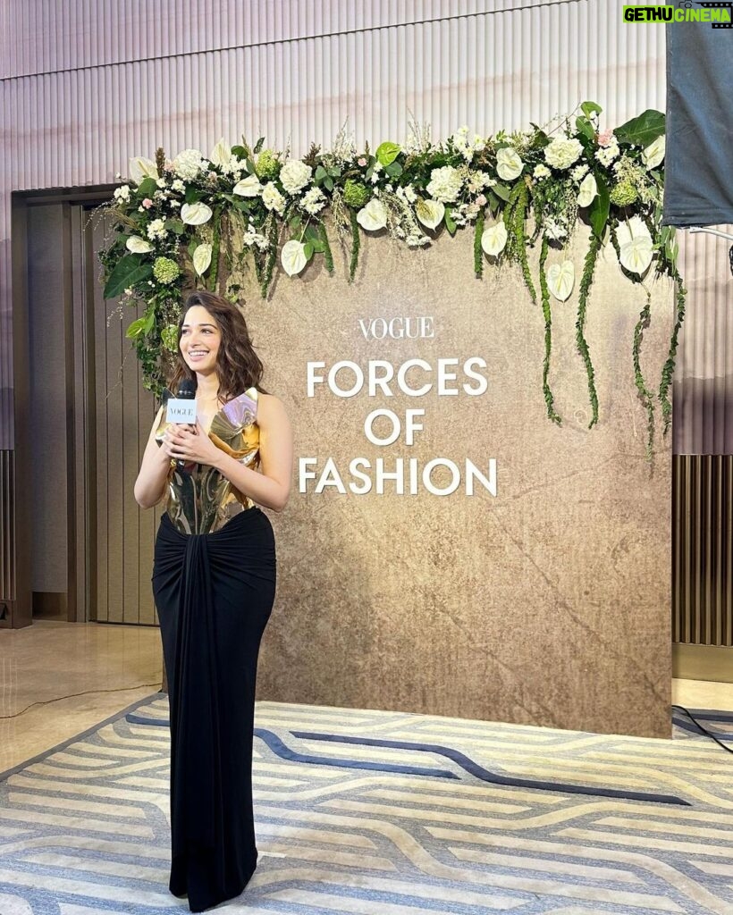 Tamannaah Instagram - Forces of Fashion - Thank you @vogueindia and @condenastindia for this recognition! ✨ Celebrating fashion alongside industry enthusiasts and engaging with some absolutely brilliant panelists who shared their views on sustainability & fashion was an absolute delight. @sonamkapoor @masabagupta @dongreanita_ @rochelle.pinto, you guys were so insightful! 🫶🏻🫶🏻🫶🏻 To me, this award isn't just a symbol of style; it's a testament to my journey of self-acceptance and learning to express myself through fashion. In a world that constantly defines beauty standards, it's crucial to feel confident in your skin and set your own standards. Thank you, Vogue India, for not only recognizing our style, but for creating a space where we can celebrate individuality and sustainability in fashion. 🥂💖