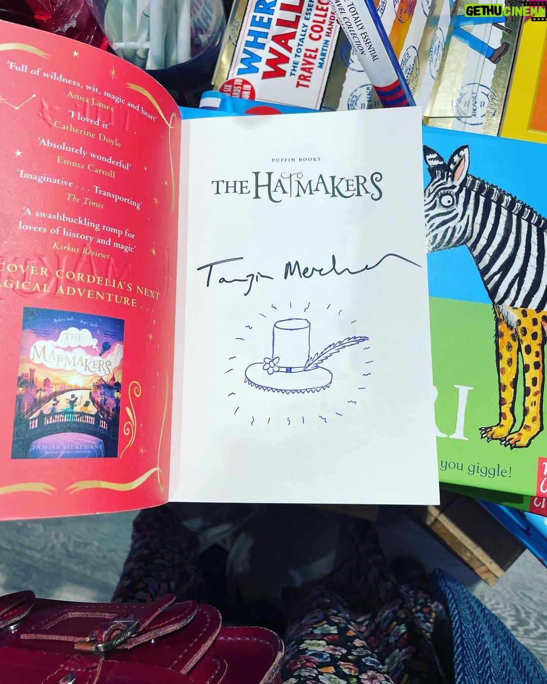 Tamzin Merchant Instagram - It has been an absolute joy this January that #TheHatmakers has been @waterstones Children’s Book of the Month! Seeing my book displayed in the windows of Waterstones stores up and down the country - and so many absolutely smashing, wonderfully imaginative and lovingly-created displays - has been a total thrill. Meeting booksellers who are passionate and brilliant - and keen on my story! - has been so wonderful. I want to say a huge thank you to all the brilliant booksellers who have put The Hatmakers into the hands of readers this month - we made it into the Top 10 in the Children’s Chart! How amazing is that?! Thank you all - booksellers and readers and the brilliant team at @puffinbooksuk - for a truly magical month. Today I visited a Waterstones to see my book being Children’s Book of the Month on its final day. It was glinting in the window beside a Philip Pullman book & I felt indescribably delighted. ALSO… somewhere in London is one book that I signed and ALSO drew a magical hat in (see the final pic in this post). I wonder who’ll find it. ✨🎩✨