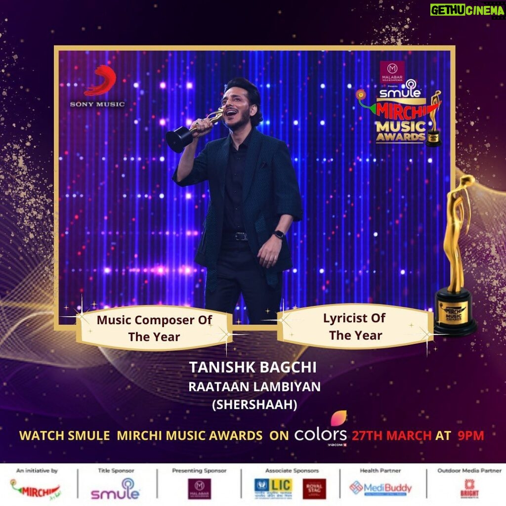 Tanishk Bagchi Instagram - #MusicKoMirchiKaSalaam • • • Congratulations @tanishk_bagchi for acing #LyricistOfTheYear and #MusicComposerOfTheYear for the most heart touching song #RaataanLambiyan from #shershaah ♥️🌶 Stay tuned for a lot more fun on @colorstv on 27th March at 9PM🔥 @smulein #smuleindiajamshere @malabargoldanddiamonds #malabargoldanddiamonds @medibuddyapp @licindiaforever @royalstagliveitlarge #medibuddy #lic #royalstagliveitlarge @sonymusicindia #mirchimusicawards2022🌶 #SmuleMirchiMusicAwards #mma2022🌶 #tanishkbagchi #mirchi #itshot