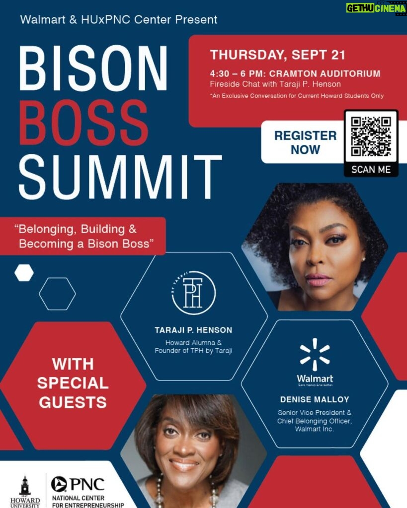Taraji P. Henson Instagram - PULL UP Howard Students! Join us for the Bison Boss Summit on September 21st! A Fireside chat with myself and Walmart Senior VP Denise Malloy to discuss becoming an entrepreneur, taking up space, and building your foundation! I can’t wait to see you there ❤️💙#tphbytaraji #wewriteourownstory #TPHxHU #youbelong