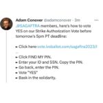 Tate Ellington Instagram - Vote NOW! Vote YES!! This will be one of the last times we have this opportunity. It is a chance to claw back the basic benefits and revenue we have lost due to streaming. Vote YES and give our union leaders the negotiating power they need to fight for us. #union #sagaftra #unionstrong #vote