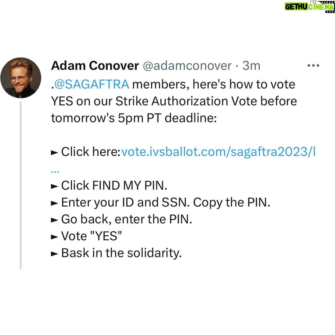 Tate Ellington Instagram - Vote NOW! Vote YES!! This will be one of the last times we have this opportunity. It is a chance to claw back the basic benefits and revenue we have lost due to streaming. Vote YES and give our union leaders the negotiating power they need to fight for us. #union #sagaftra #unionstrong #vote