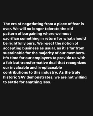 Tate Ellington Instagram - I cannot possibly say this better so I won’t. Thank you @itsmattbush and thank you to all of those who voted YES. 💪

Repost from @itsmattbush
•
As our negotiation committee begins contract talks, it's important to express our sincere appreciation to our union leaders’ immense dedication and hard work as they strive to secure our new deal.

Equally important is the need to remind them, (as well as ourselves) of who it is they’re representing. We are the performers of SAG-AFTRA, the ones who breathe life into the most compelling (and the most profitable) stories, captivating audiences in theaters and at home.

Please DM me for an email template that can be sent to the national board expressing our gratitude and our encouragement to capitalize on yesterday’s SAV vote. The era of negotiation out of fear is over. We will not accept anything less than transformative. 

@seanastin @thejenniferbeals @sharibelafonte @nitashabhambree @mitchellbobrow @rodgerbrandon5 @yvettenicolebrown @actvocate @joannacassidyofficial @hicusick_ig @jessicamedinaactress @njduerr @dylanabby @haleisner @debbieevansstunts @francesfisher @nancyflanagan_ @ilyssafradin @androidegarcia @bradgarrett @supererniegram @stephenmckinleyhenderson @dulehill @thedavidjolliffe @phoebejonasnyc @mike_kraycik @rosedianeladd @xojodilong @melmackactingstudio @camrynmanheim @marymcdonaldinc @jmelen77 @matthewmodine @billfromboston @esai_morales @dannavarromusic @rosie @ron.ostrow @theebillyporter @lindapnyc @thesherylleeralph @michaelrapaport @albinokid1026 @patriciaheaton @courtneyrioux @iamrobschneider @sharonstone @towandaunderdue @lisaannwalter @olgabluesbabe @officialfrandrescher @benwhitehair