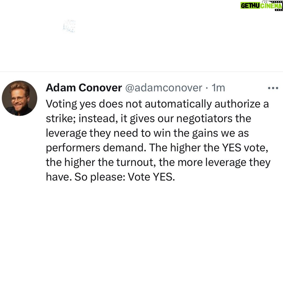 Tate Ellington Instagram - Vote NOW! Vote YES!! This will be one of the last times we have this opportunity. It is a chance to claw back the basic benefits and revenue we have lost due to streaming. Vote YES and give our union leaders the negotiating power they need to fight for us. #union #sagaftra #unionstrong #vote