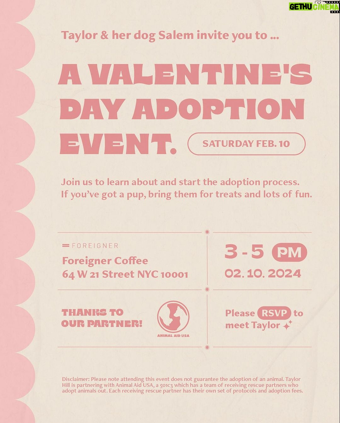 Taylor Hill Instagram - Meet your BFF like I did!! @salemtheblackgsd ๐พ I am so excited to host a Valentines Day adoption event next Saturday in New York from 3:00 to 5:00. Bring your pup for treats & lots of fun or come to meet your new soulmate, all thanks to our rescue partner @animalaidusa. Head to the link in my bio to RSVP! Canโt wait to see you there ๐ ** Disclaimer: Please note attending this event does not guarantee the adoption of an animal. Taylor Hill is partnering with Animal Aid USA, a 501c3 which has a team of receiving rescue partners who adopt animals out. Each receiving rescue partner has their own set of protocols and adoption fees.