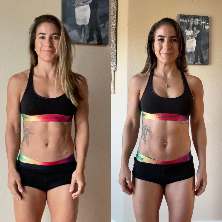 Tecia Torres Instagram - For the past month I have been sitting at 123 lbs basically my pre baby weight but today officially is the first day I’m back to 121 lbs, my normal weight. That’s 38 lbs down what I gained during pregnancy. I’ve enjoyed being back at the gym here and there but over the past month Raquel has helped motivate me with our at home HITT, Core, and Calisthenics workouts. These “simple” workouts have been fun yet challenging. 💪🏽🩷 Sidenote: I’m really looking forward to being apart of my wife’s Fight Camp to her World Title Fight. @raquel_pennington 3rd slide is a comparison before & after baby (same weight) I may look the same but my body is different internally & mentally. My mind is stronger and I’m so ready to show our daughter what strength is inside and outside of the octagon. #JourneyBackToTheOctagon #5MonthsPostpartum #UFC #TeamTiny #TeamRocky #RockNado #Strawweight #115lbs #LetsGo