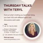 Teryl Rothery Instagram – Just a reminder that Thursday Talks start this Thursday Jan. 19 and will run until Feb. 23 5:30-6:30pm PST.
Each Thursday we’ll pick a topic…..abundance…clarity…direction…guidance….gratitude….?
Come with an open heart and questions. 🙏🏼
Hope to see you!
Teryl 🌷