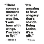 Thalía Instagram – Amiga, Como Tú No Hay Dos 😜✨ @iambeckyg. Sigamos creando y representando nuestra cultura juntas. ¡Arriba las latinas! 

Gracias 
@rollingstone #MusiciansOnMusicians. 🖤

Photographer @cheril_sanchez
Senior Editor & Interview Moderator @julyssa_raquel
Creative Director @Joe_Hutchinson
Director of Photography & Deputy Creative Director @Emma.V.Reeves Head of Video/Executive Producer/Director @kimberlyaleah Co-Executive Producer @tara__catherine
Associate Producer @veesass
Video Director of Photography @lauren.mendoza
Camera Operator: Delisa Shannon @delisamarie_
Camera Operator: Ilana Woldenberg @ilanawoldenberg
Director of Social Media @waiss_aramesh
UX Editor @nthompson89
Senior Visuals Editor @photoeditorjoe
Stylist @emmaoleck
Tailor @estevanvp x @blueprintproductionnyc
Becky G Hair @daniellepriano at @kalpana_nyc
Becky G Makeup @kilprity at @theonly.agency
Thalia Hair @jennifermatoshair
Gaffer @simplyjessp
Sound Mixer @tara__catherine
Interview Editor @continudity
BTS Editor @aden.png
Photography Assistance @chadhilliard
Styling Assistance @marligiedt
Recording Studio Location @powerstationatberkleenyc

FASHION CREDITS 
 Rings: @swarovski @alexisbittar.