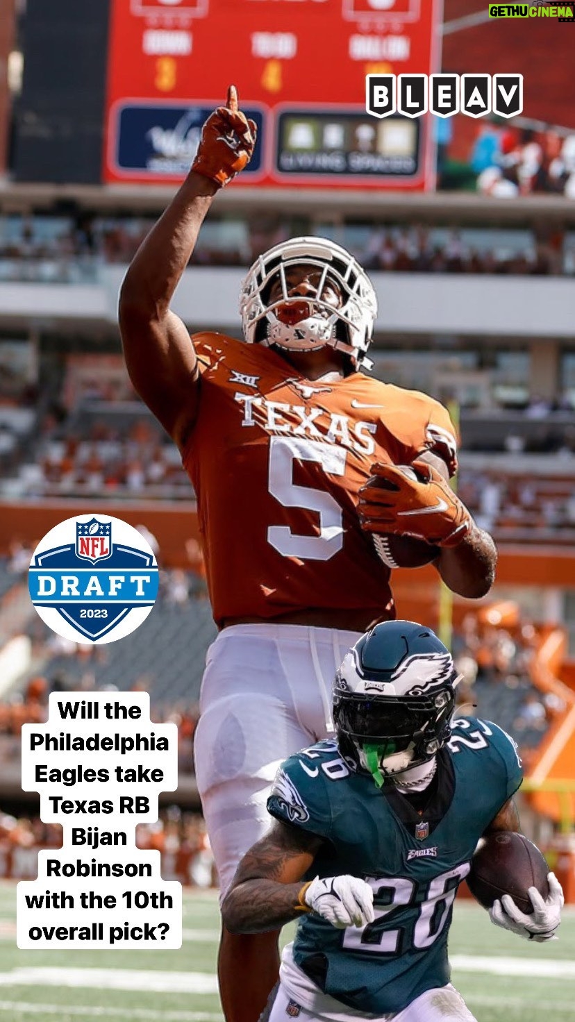 Thomas Hannifan Instagram - Will the #philadelphiaeagles take #Texas runningback #bijanrobinson with the 10th overall pick in the 2023 #NFLDraft? . . @bleavnetwork @bleavsports #nfl #football #eagles #flyeaglesfly #gobirds #texaslonghorns #carolinapanthers #milessanders #kennethgainwell #bostonscott