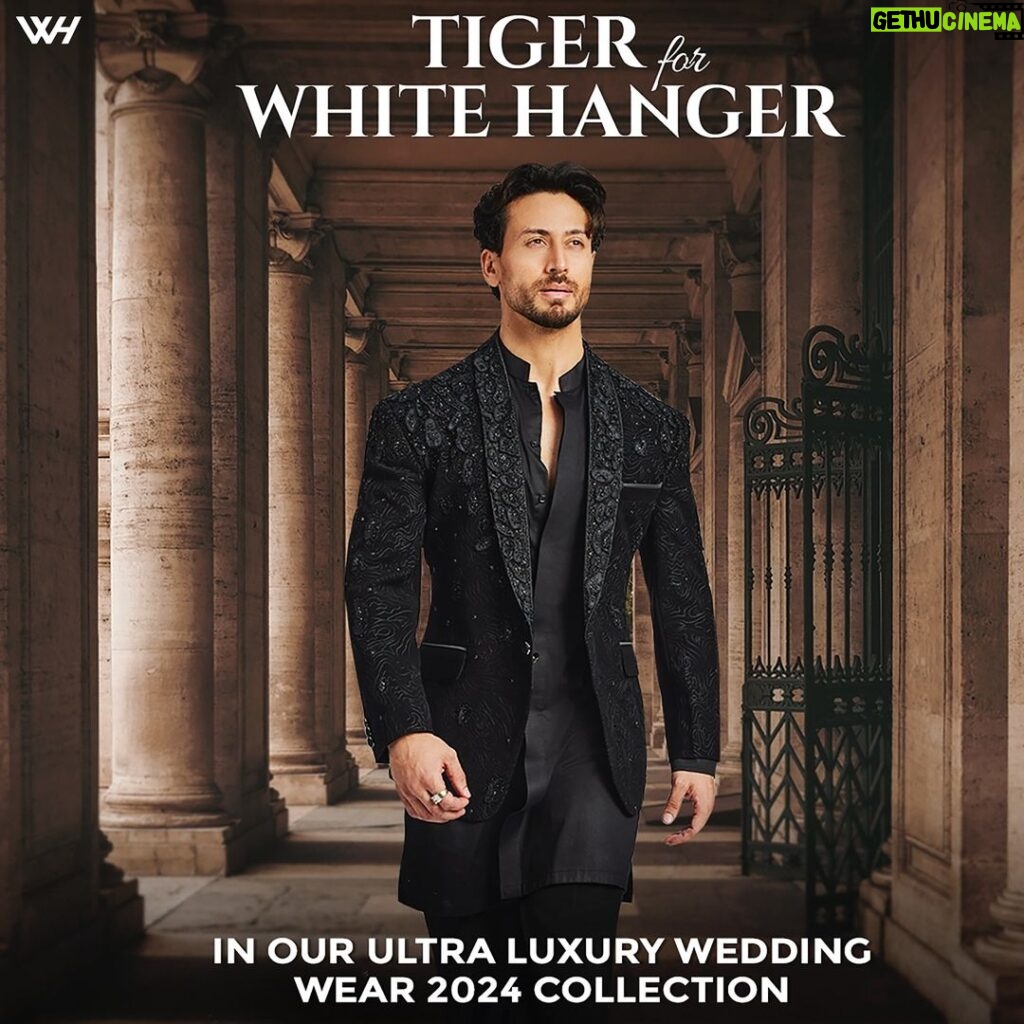 Tiger Shroff Instagram - Get the vibe with the all new ultra luxe Celebration Wear #WhiteHanger #TigerForWhiteHanger #NayeIndiaKiNayiSoch #GroomStyle #WeddingFashion #ad