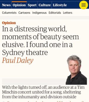 Tim Minchin Instagram - The very kind and thoughtful Paul Daley wrote a lovely article about attending my show in Sydney on Saturday night. 
There’s a link in my stories. X
