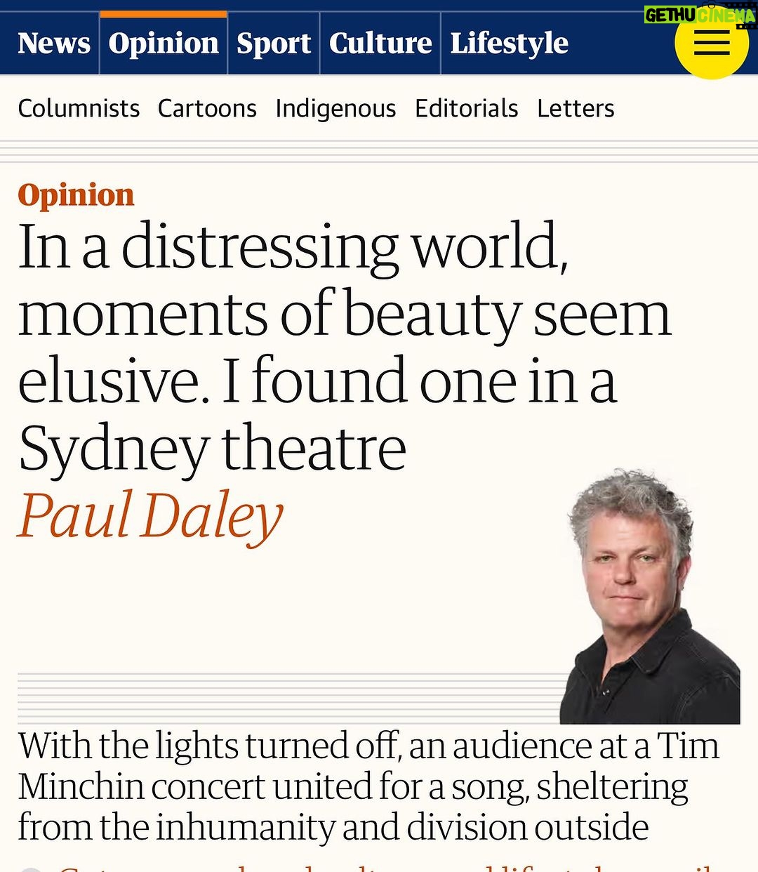 Tim Minchin - 5.1K Likes - The very kind and thoughtful Paul Daley wrote a lovely article about attending my show in Sydney on Saturday night.
There’s a link in my stories. X