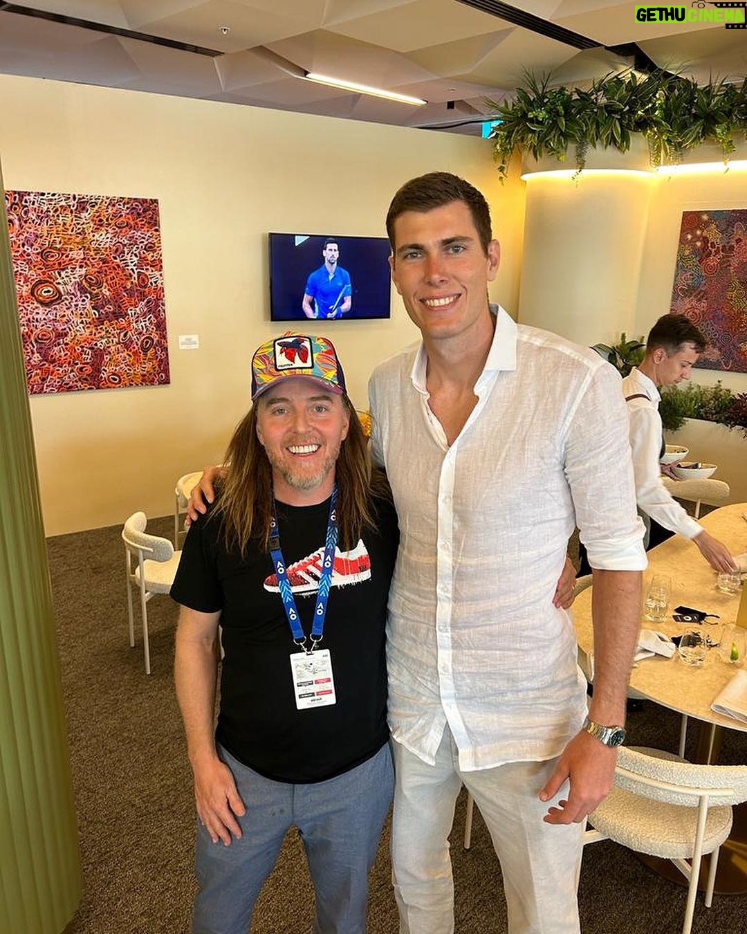 Tim Minchin - 4.9K Likes - Date night with the star of Groundhog Day @andy_karl. My first ever @australianopen, and an excellent match it was. Unbelievable pluck by @dino_prizmic. Also got to meet my fave 800m runner on the planet @pbol800 and my favourite American AFL player @masonsixtencox.
#AusOpen
#GroundhogDayAU