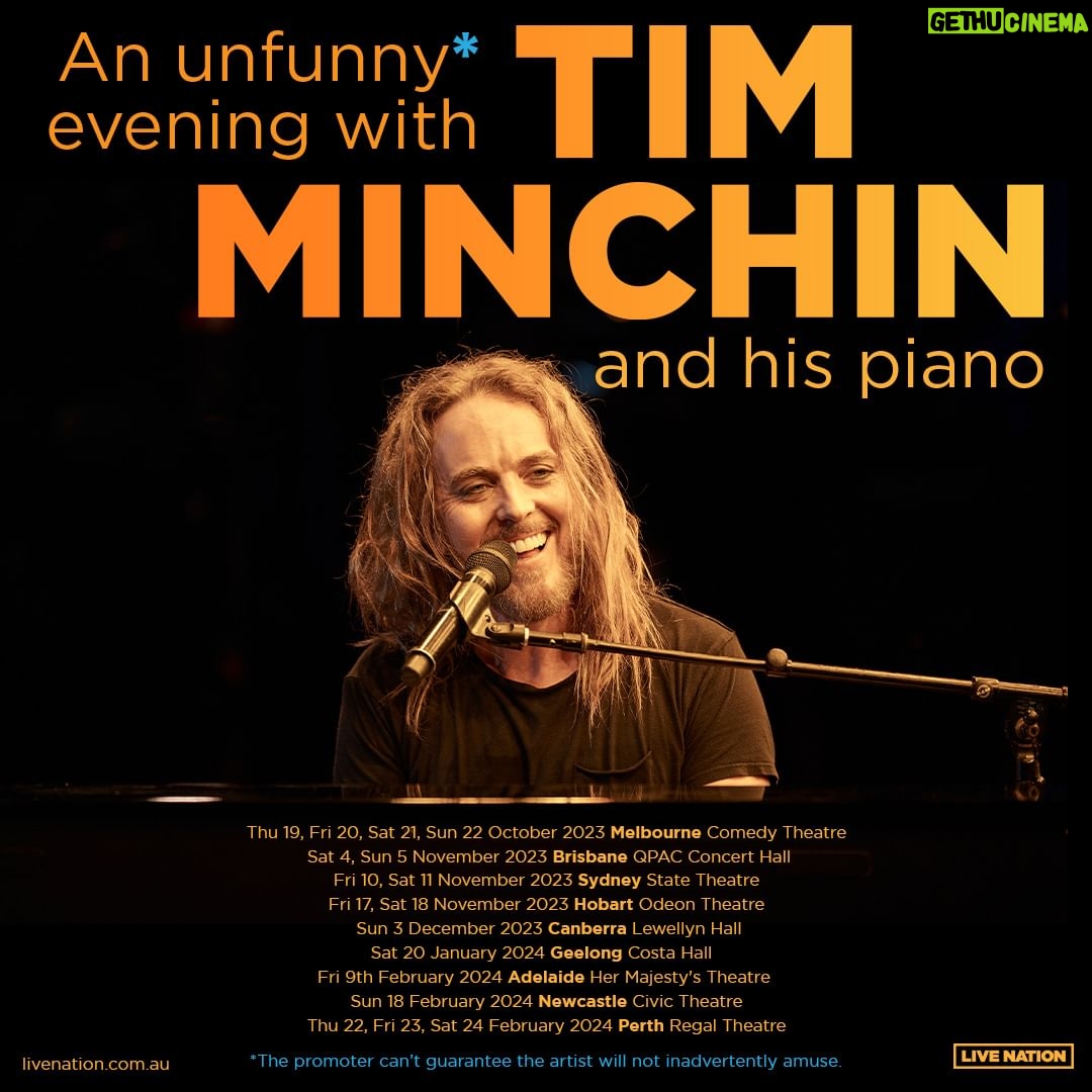 Tim Minchin - 5.1K Likes - ICYMI - “Unfunny” shows in Australia this summer! Tickets on general sale Friday at 12 noon with a presale starting tomorrow. Link in bio.