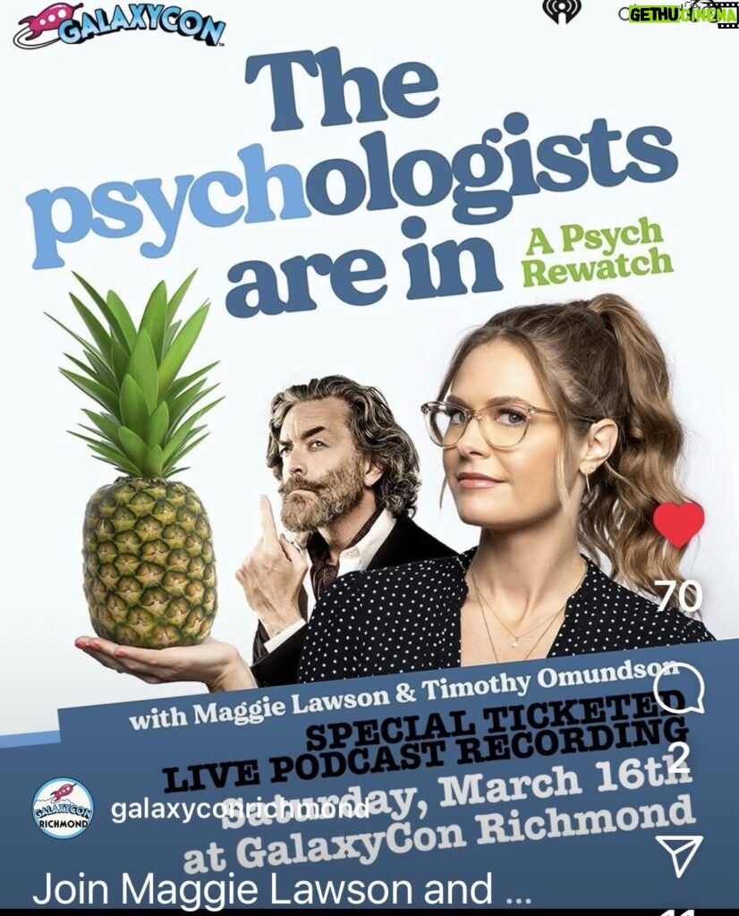 Timothy Omundson Instagram - Y’all hear about this⁉️The #psychpodtour24 is rolling into @galaxyconrichmond on March 16, 2024! @magslawslawson and I are bringing our @thepsychologistsarein🩵🩷, Live Show down south it’s the Third month of the year and this will be our third stop on the tour. For those of you paying attention to the math, YES, this means we will be doing TWO 🤦🏻‍♂️shows in February, and a FOURTH, right after Richmond!With more to follow after that 🎉watch this space for details about our upcoming shows so you can be a part of our Psych Love Fest 🍍💛💚 head over to @galaxyconrichmond for ticket info! OnTour
