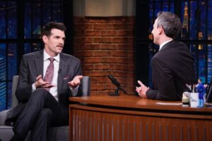 Timothy Simons Instagram - Here I am on last night's @LateNightSeth explaining how I tried to negotiate with Hans Gruber during the Nakatomi tower heist. 📷: Lloyd Bishop/NBC
