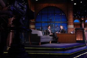 Timothy Simons Instagram - Here I am on last night's @LateNightSeth explaining how I tried to negotiate with Hans Gruber during the Nakatomi tower heist. 📷: Lloyd Bishop/NBC