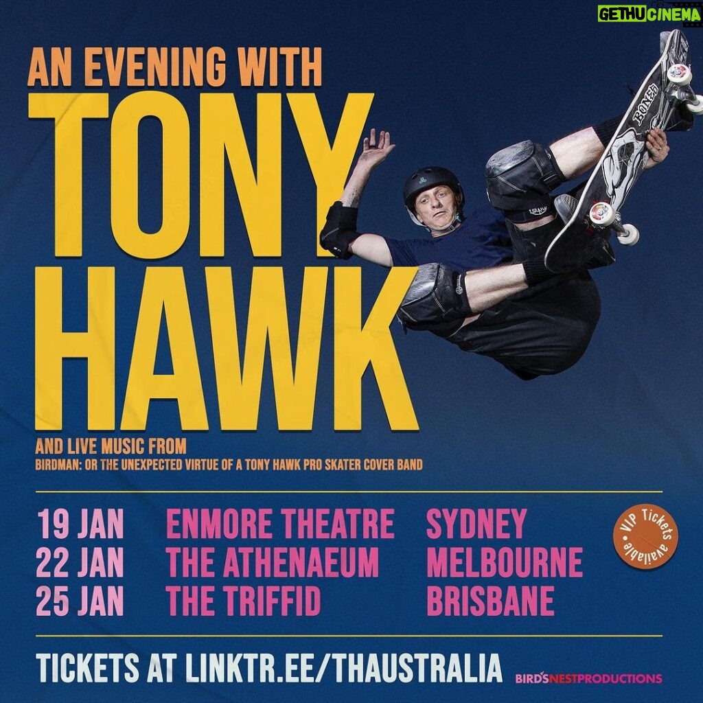 Tony Hawk Instagram - Hello Oz, it’s been a while. Looking forward to sharing my story and enjoying the soothing & searing tunes of @birdmanthps. We tried to do this a few years ago and had to cancel for reasons beyond our control 😷. But we didn’t give up hope. Join us down undah! Link in bio. 🇦🇺🎤🎸🥁🛹