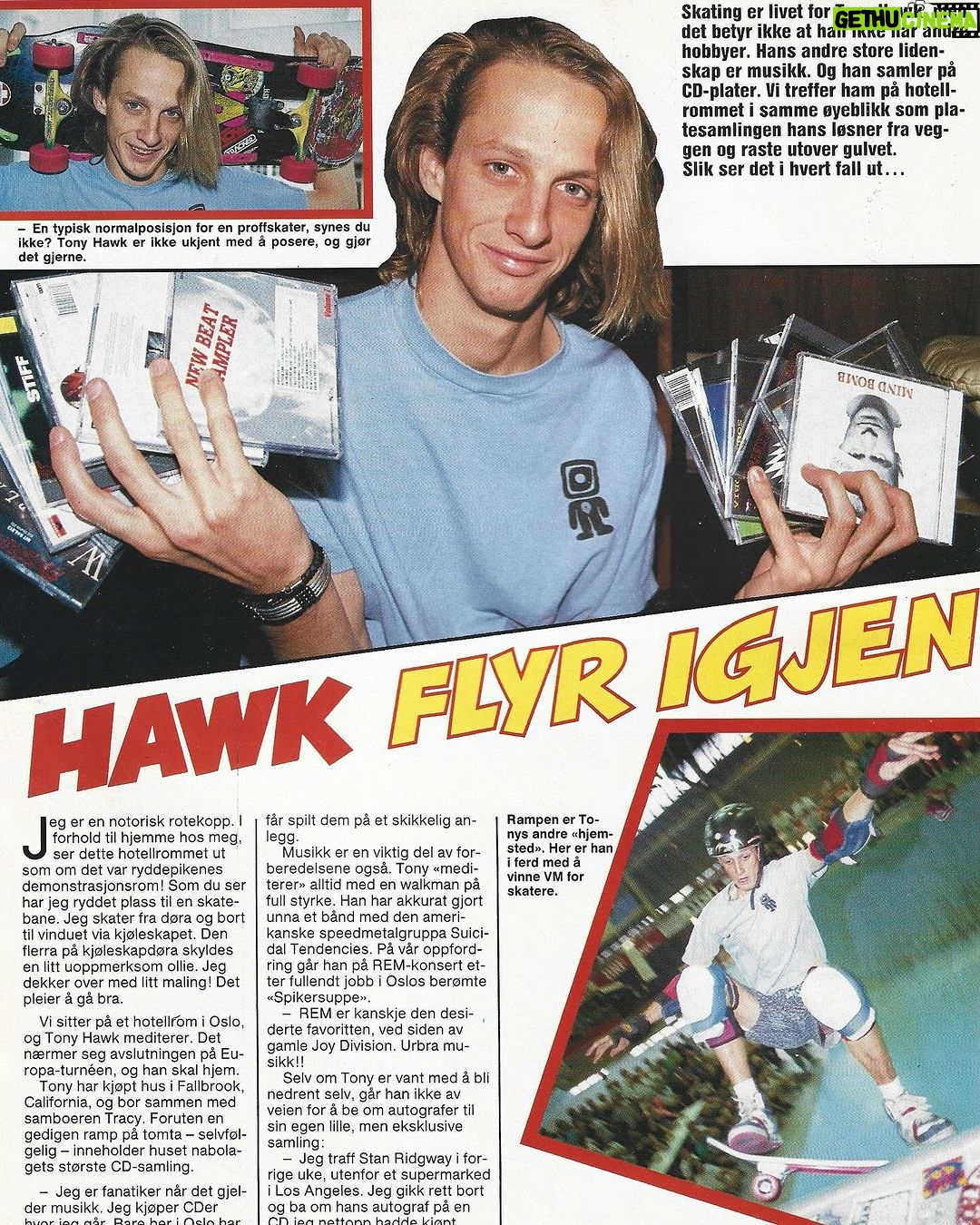 Tony Hawk Instagram - Pages from a 1989 Norwegian mag “SKATEBOARD.” A lot going on here - and a lot that I didn’t translate - but key takeaways are: - pioneering #lifestylegrab - two handfuls of CD’s including SLF, Erasure, U2, The The, Love & Rockets, Peter & Test Tube Babies. I must have bought these all while on tour since I didn’t have a CD binder. And I definitely broke / scratched / lost most of them along the way. - handwritten note proclaiming skateboarding is not a crime… because it was once outlawed in Norway - Limpies pants & bum bag, Airwalks and experimental Underhill deck - typical Euro demo scene circa 1989 - judo air while #rayunderhill watches over me, as I like to think he continues to do. Thanks to @johnharaldknutsson for the scans! 🇳🇴🛹