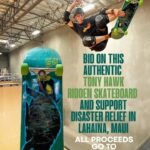 Tony Hawk Instagram - I’ve been riding this complete on and off during my recovery, and it has treated me well. It is now on the auction block with proceeds going to @manamentors, who are helping Maui locals with disaster relief and will continue to mentor underserved children through skating & surfing programs. I’m happy to personalize / sign it to the highest bidder, and do a requested trick on it before sending… but no 9’s please. Link in bio 🛹🤙🏽