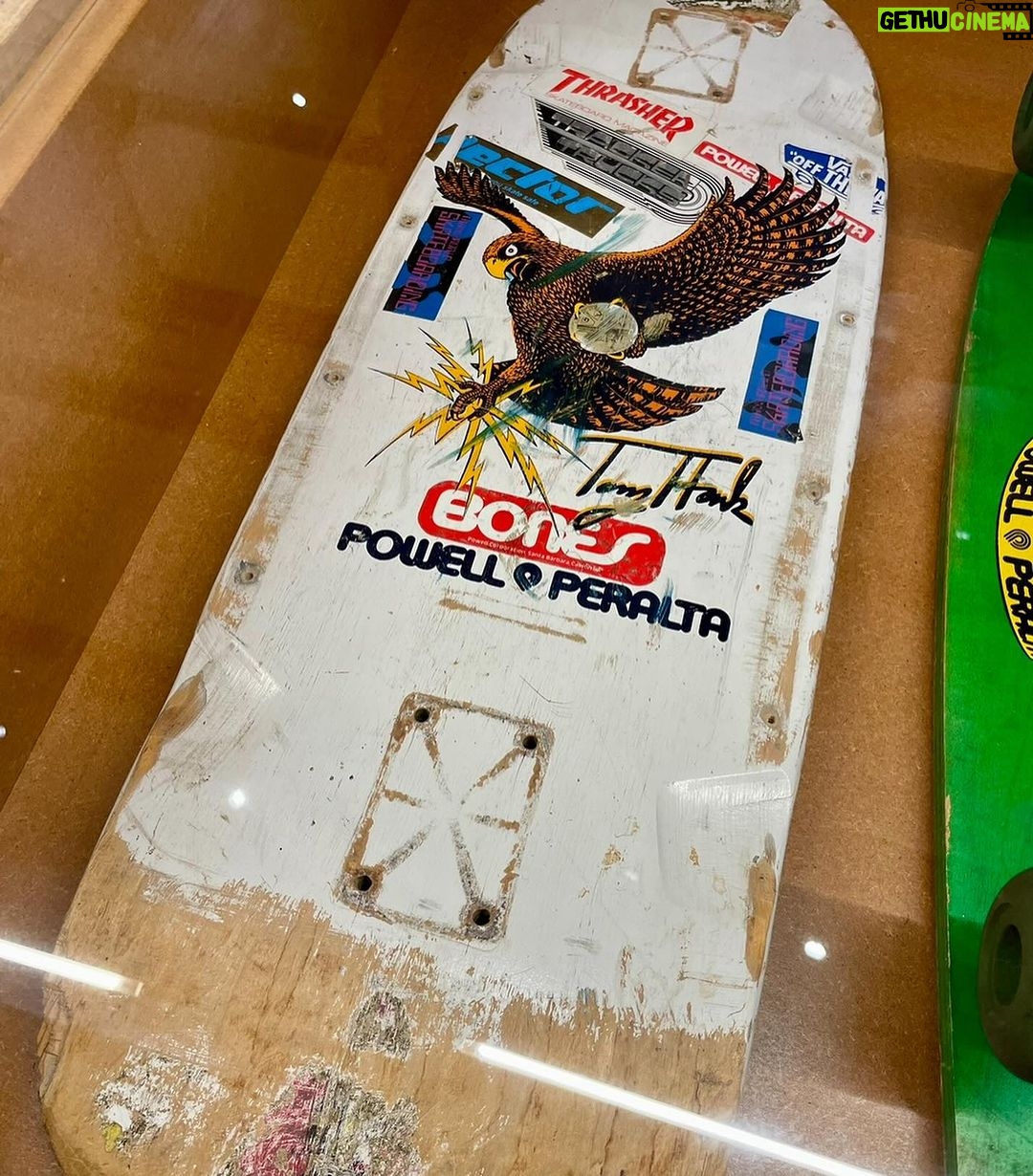 Tony Hawk Instagram - We have seen this classic photo of @tonyhawk on the internet and we just realized Tony is holding the very deck that he loaned us to feature in the currently running Skateboard Exhibit at the @designmuseum in London. The exhibit runs through June 2024 go have a look. How cool! #skateboardinghalloffame Design Museum