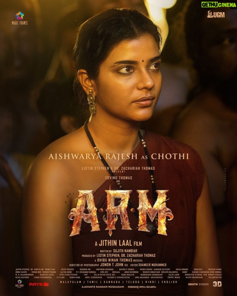 Tovino Thomas Instagram - In the glow of the spotlight, destiny unveils its beloved creation - Chothi. As the stars align to celebrate the birth of both art and artist, we wish the incomparable Aishwarya Rajesh a year as radiant as her on-screen magic. Happy Birthday to the soul of our story! #CharacterReveal #HappyBirthdayAishwarya #ARMtheMOVIE #ARMYear