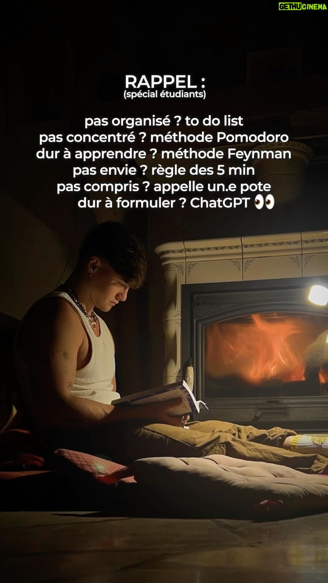 Tristan Defeuillet-Vang - 11.1K Likes - 1. Méthode Pomodoro ⏲️ : Booster ta concentration en travaillant par bloc de 25 minutes, puis faire une pause de 5 minutes. Idéal pour étudier efficacement.
2. Méthode Feynman 📚 : Apprends comme si tu devais expliquer tout ton cours ensuite à ton petit frère, avant de clarifier tout ce qu’il n’a pas compris. Ça aide vraiment à tout comprendre en profondeur.
3. Règle des 5 minutes ⏳ : Même si t’as la flemme, commence juste à faire ce que tu dois faire sur 5 Minutes pour créer un MOMENTUM. 💪
Le plus dur est fait.
#Productivité #Étude #Conseils