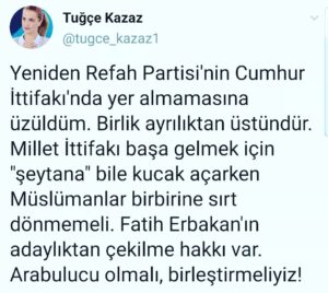 Tuğçe Kazaz Instagram - I regret that the New Welfare Party (Yeniden Refah Partisi) is not part of the People's Alliance. Unity is better than division. Muslims should not turn away from each other while the National Alliance is even embracing the "devil" to come to power. Fatih Erbakan has the right to withdraw as a candidate. We must mediate and unite them!

Je regrette que le Nouveau Parti du Bien-être (Yeniden Refah Partisi) ne fasse pas partie de l'Alliance des Peuples. L'unité vaut mieux que la division. Les musulmans ne devraient pas se détourner les uns des autres alors que l'Alliance nationale embrasse même le "diable" pour arriver au pouvoir. Fatih Erbakan a le droit de retirer sa candidature. Nous devons servir de médiateur et les unir !

#yenidenrefahpartisi #fatiherbakan #lenouveaupartiduenetre #thenewwelfareparty #cumhurittifakı #Milletİttifakı #birlik #dayanışma #Türkiye #Turkey