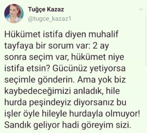Tuğçe Kazaz Instagram - I have a question for the opposition that says the government should resign: 2 months later there is an election, why should the government resign? If you have the power, send it through elections. But if you say, "No, we have realized that we will lose, we want to cheat," it does not work that way! The ballot box will come, we will see you.

J'ai une question à poser à l'opposition qui dit que le gouvernement devrait démissionner : deux mois plus tard, il y a des élections, pourquoi le gouvernement devrait-il démissionner ? Si vous avez le pouvoir, faites-le passer par les élections. Mais si vous dites : "Non, nous avons compris que nous allions perdre, nous voulons tricher", ce n'est pas comme ça que ça marche ! Les urnes viendront, nous vous verrons.

#Muhalefet #hükümetistifa #CHP #AkParti #milletittifakı #Cumhurİttifakı #seçim2023 #erdoğan #kılıçdaroğlu #Türkiye #Turkey #tuğçekazaz #TugceKazaz