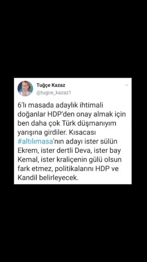 Tuğçe Kazaz Instagram - HDP VE KANDİL BELİRLEYECEK 

In order to gain the approval of the HDP, the probable presidential candidates of the table of six have started to compete with each other to show who is most anti-Turk. In short, it does not matter whether the candidate of #thetableofsix is the pheasant Ekrem, the restless Deva, Mr. Kemal or the Gül of the Queen, the HDP and Kandil will determine their policy.

I address the voters of the table of 6 who gather around round tables, stuff themselves, and do not put up a single candidate: 
You see what is happening, you see the desperation and incompetence at the table. Why do you still support them, why do you want to be condemned to this incompetence?

#hdp #kandil #altılımasa #kılıçdaroğlu #erdoğan #bahçeli #meralakşener #iyiparti #chp #akparti #mhp #cumhurittifakı #milletittifakı #türkiye #seçim #tuğçekazaz #tugcekazaz #reels #instagramreels #reelsvideo