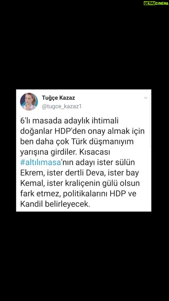 Tuğçe Kazaz Instagram - HDP VE KANDİL BELİRLEYECEK In order to gain the approval of the HDP, the probable presidential candidates of the table of six have started to compete with each other to show who is most anti-Turk. In short, it does not matter whether the candidate of #thetableofsix is the pheasant Ekrem, the restless Deva, Mr. Kemal or the Gül of the Queen, the HDP and Kandil will determine their policy. I address the voters of the table of 6 who gather around round tables, stuff themselves, and do not put up a single candidate: You see what is happening, you see the desperation and incompetence at the table. Why do you still support them, why do you want to be condemned to this incompetence? #hdp #kandil #altılımasa #kılıçdaroğlu #erdoğan #bahçeli #meralakşener #iyiparti #chp #akparti #mhp #cumhurittifakı #milletittifakı #türkiye #seçim #tuğçekazaz #tugcekazaz #reels #instagramreels #reelsvideo