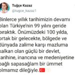 Tuğçe Kazaz Instagram - We have left behind 99 years of Turkey, which is the continuation of our millennial history. I hope that in the next 100 years, in a common future, we will be a strong state that shields the oppressed against the oppressors in the region and in the world, and we will be an ummah holding on to its history, faith and civilization. Nous avons laissé derrière nous 99 ans de Turquie, qui sont la continuation de notre histoire millénaire. J'espère qu'au cours des 100 prochaines années, dans un avenir commun, nous serons un État fort protégeant les opprimés contre les oppresseurs dans la région et dans le monde, et que nous serons une oumma intacte s'accrochant à son histoire, sa foi et sa civilisation. #Türkiye #TürkiyeCumhuriyeti #cumhuriyet #Turkey #TurkishRepublic #99yıl #türkiyeyüzyılı #tuğçekazaz #TugceKazaz