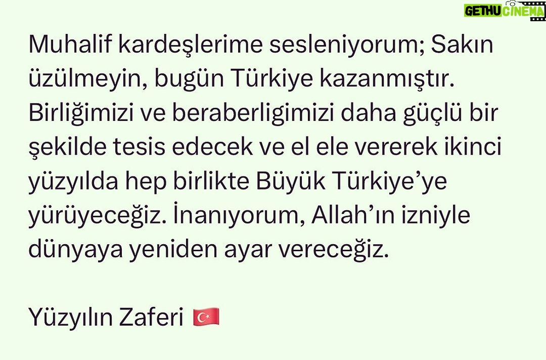 Tuğçe Kazaz - 15.8K Likes - I call out to my brothers and sisters in opposition: Do not worry, Turkey won today. We will strengthen our unity and solidarity, and hand in hand we will march together to the Great Turkey in the second century. I believe that, Allah willing, we will put the world back in order.
The victory of the century 🇹🇷
#erdoğan #receptayyiperdoğan #cumhurittifakı #büyüktürkiye #türkiye #ikinciyüzyıl #balkonkonuşması #seçim2023 ##tuğçekazaz #tugcekazaz