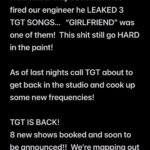 Tyrese Gibson Instagram - I remember way back when we fired our engineer he LEAKED 3 TGT SONGS… “GIRLFRIEND” was one of them! This shit still go HARD in the paint! As of last nights call TGT about to get back in the studio and cook up some new frequencies! TGT IS BACK! 8 new shows booked and soon to be announced!! We’re mapping out our tour dates! What city state of countries have love for TGT? Drop in the comments let’s get it!!
