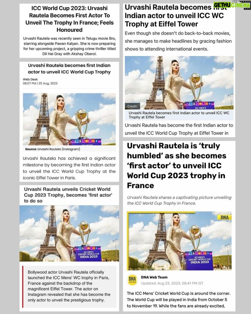 Urvashi Rautela Instagram - @mitchmarsh235 👎🏻 Bro, show some respect to the #WorldCuptrophy 🏆 #MitchellMarsh has put his feet on the top of it just to look cool 👎🏻 ☆ ☆ ☆ ☆ ☆ ☆ ☆ ☆ #love #UrvashiRautela #UR1 #india #cricket #worldcup #australia Eiffel Tower - Paris, France