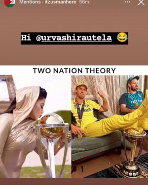 Urvashi Rautela Instagram - @mitchmarsh235 👎🏻 Bro, show some respect to the #WorldCuptrophy 🏆 #MitchellMarsh has put his feet on the top of it just to look cool 👎🏻

☆

☆

☆

☆

☆

☆ 

☆

☆

  #love #UrvashiRautela #UR1 #india #cricket #worldcup #australia