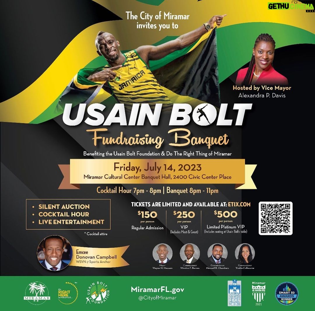 Usain Bolt Instagram - Usain Bolt is coming to Miramar! The Usain Bolt Foundation is dedicated to the legacy for happy children; to enhance the character of children through educational and cultural development, as they live their dreams. Join us at the Miramar Cultural Center Artspark for the Usain Bolt Fundraising Banquet benefiting the Usain Bolt Foundation & Do The Right Thing Miramar hosted by Vice Mayor @4alexandradavis Featuring a silent auction, cocktail Hour and live entertainment! Friday, July 14 | 7-11pm 2400 civic center place Miramar, FL 33025 Get tickets at: https://ow.ly/NtlZ50OKOtv (link in bio)