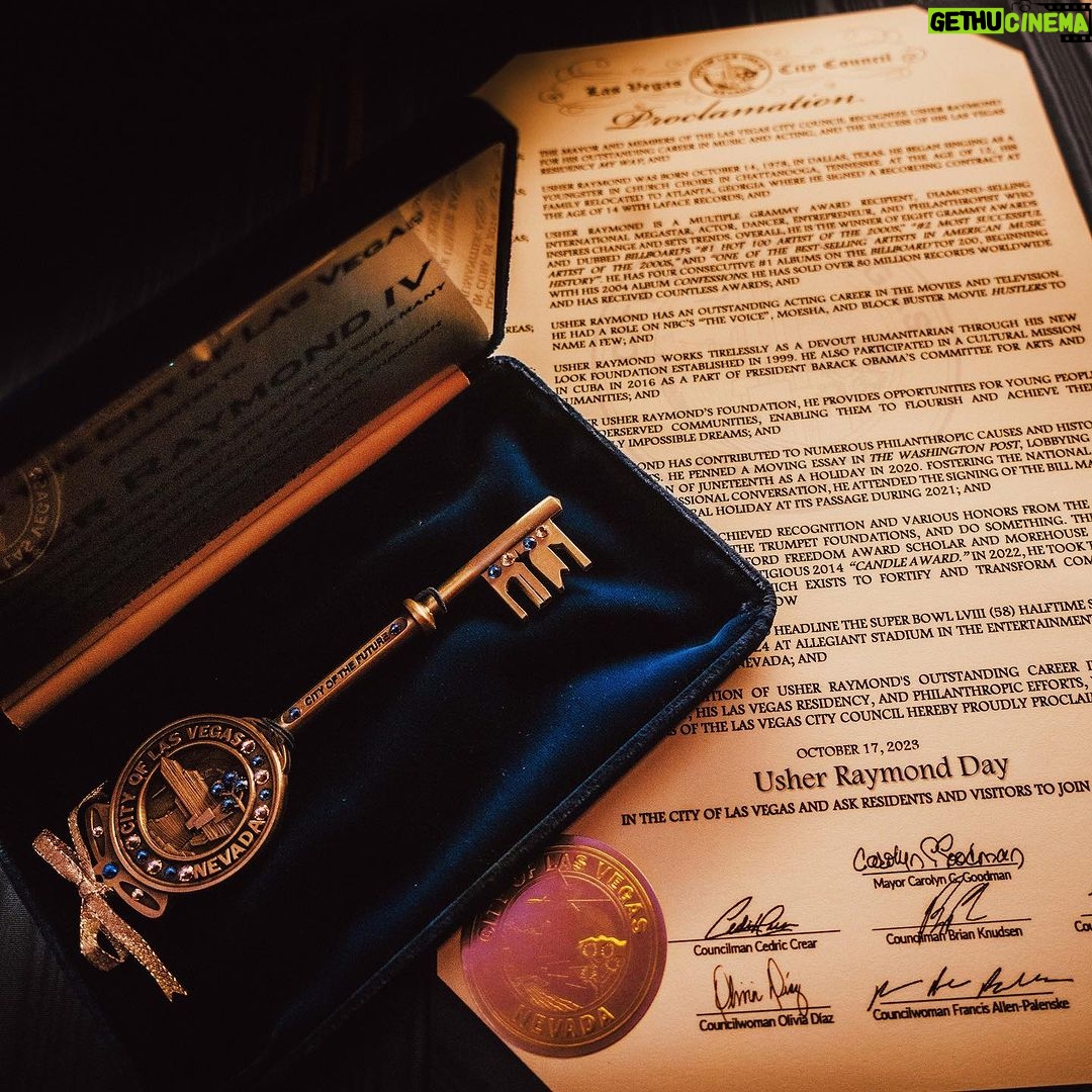 Usher Instagram - Honored to be given the 🗝️ to a city that has been my second home for almost 2 years now. You’ve shown me so much love and I’m forever grateful. Thank U @cityoflasvegas for proclaiming October 17th as Usher Raymond Day! 🙏🏾 Las Vegas, Nevada