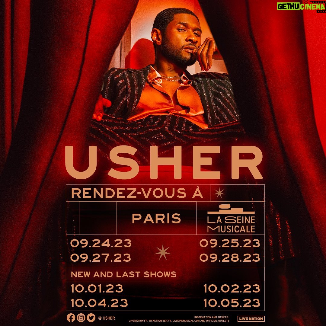 Usher Instagram - Écoute-moi bien, PARIS! Guess what…I’m coming just for u! I’m excited to take u on the journey of ‘Rendez-Vous à Paris’ this September 2023. Tickets are on sale NOW✨bisou bisou ✨