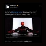 Usher Instagram - #COMINGHOME debuted at #1 on Top Album Sales Charts!!! 📈 PAST PRESENT FUTURE Tour tickets are damn near sold out!! Get that presale code 🎟️ Added in EU/UK to make sure U know I ain’t forget bout y’all!! 🫶🏾 And y’all got my “glitch” move aka ticking popping off on TikTok 😂 Love y’all mannn